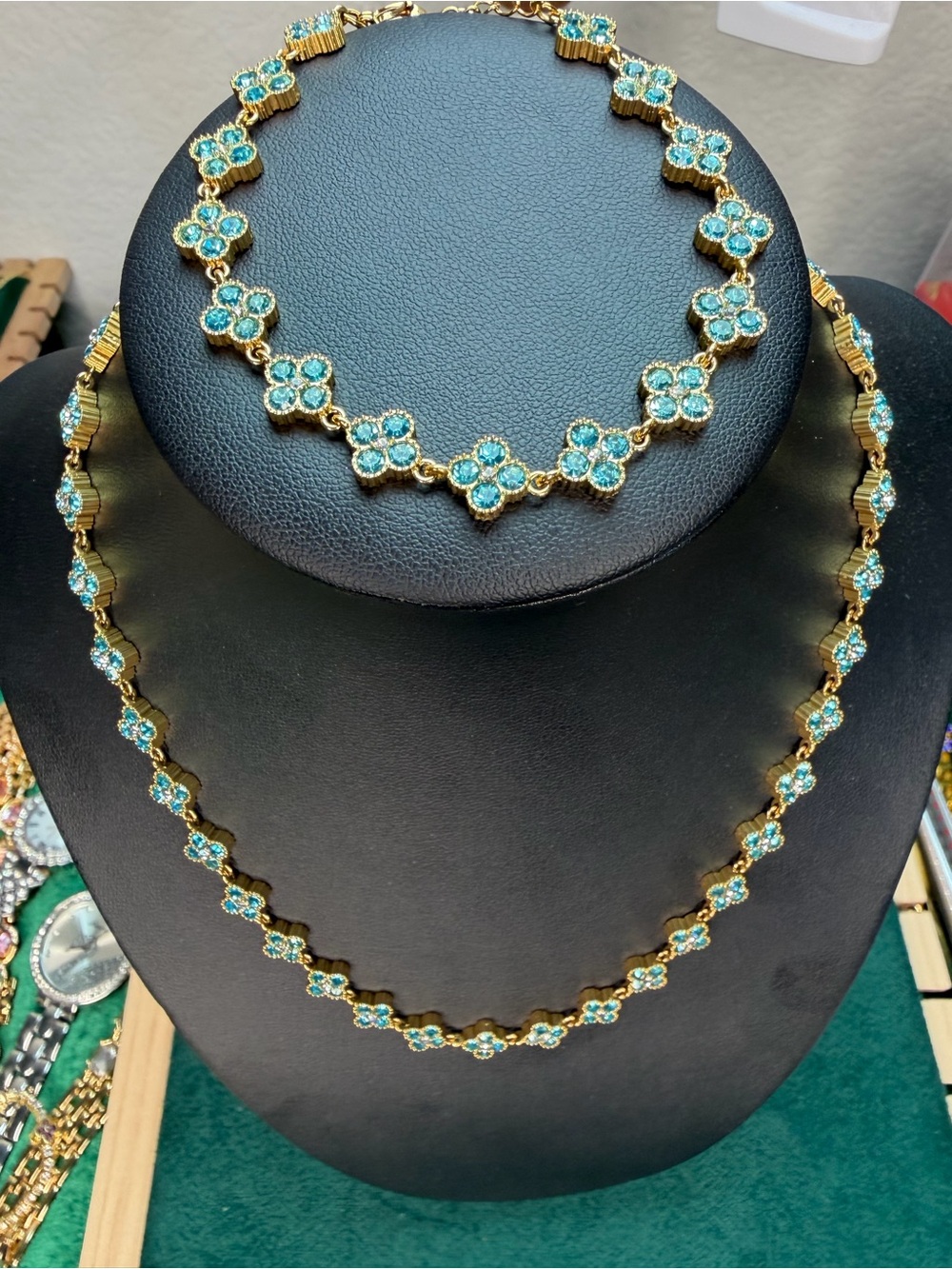 18K Gold Plated Blue Crystal Floral Necklace and Bracelet Set